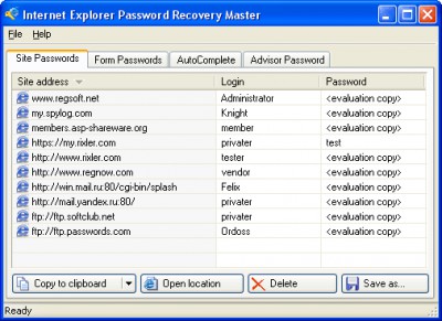 Internet Explorer Password Recovery Master 2.0 screenshot