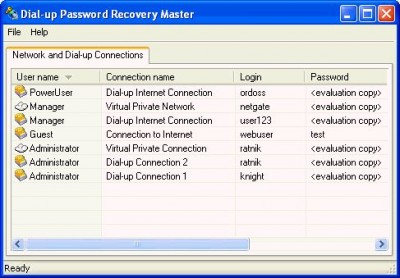 Network and Dial-up Password Revealer 1.1 screenshot