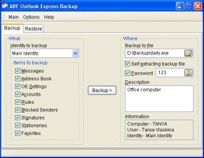 Outlook Express Backup 2.03 screenshot